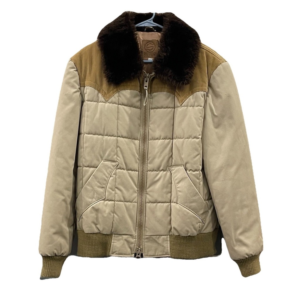 Vtg '70s Stetson Western Quilted Puffer Jacket 40 Ranchcore Cowboy Faux Fur EUC